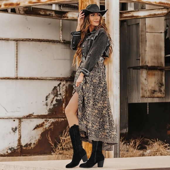 Cowgirl Boots Suede Mid Calf Booties - Picture 2 of 8